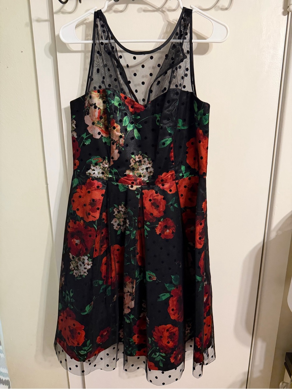 Studio One Black Floral Fit-and-Flare Dress with Sheer Polka Dot Yoke